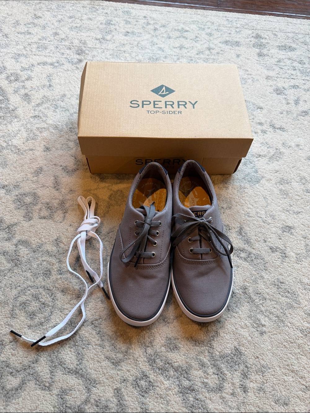 Sperry Men's Gray Canvas Boat Shoes with White Extras